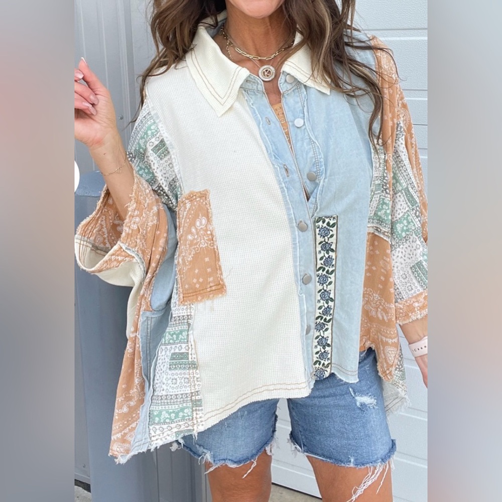 Pol Patchwork Boho Mixed Print Button Down Shirt … - image 2